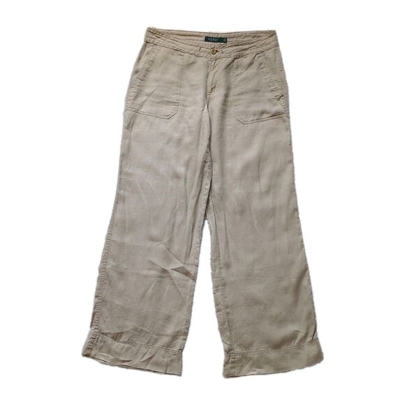 LRL Ralph Lauren 100% Linen Wide Leg Pants Beige Tan Casual Preppy Womens 8 - Picture 2 of 13